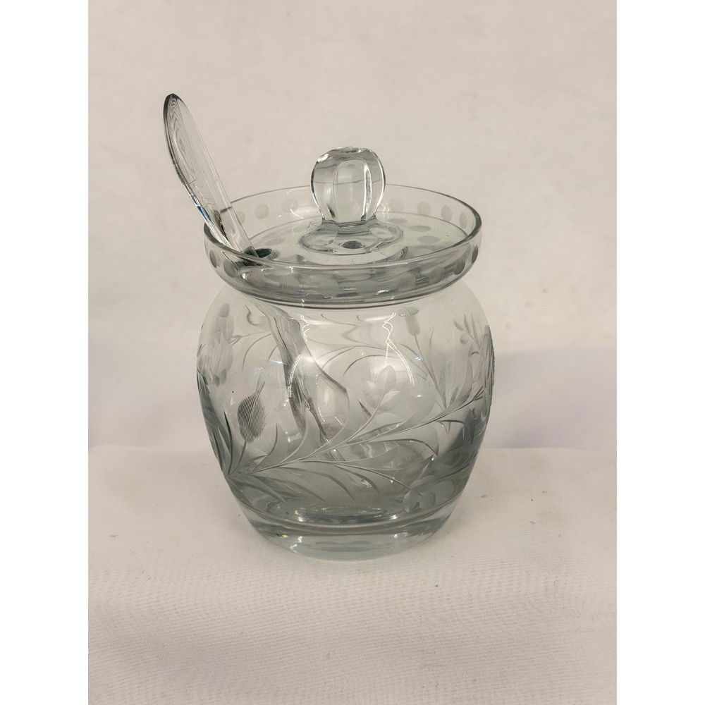 Vintage Etched Glass Jam Jelly Jar with Lid and Spoon Floral Design Clear 3pc